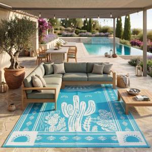 Garvee Reversible Outdoor Rug 9×12 for Patio, Waterproof Outdoor Area Rug, Modern Medallion Indoor Outdoor Rugs, Plastic Straw Rug for RV, Camping, Deck, Vintage Grey(Blue–cactus)