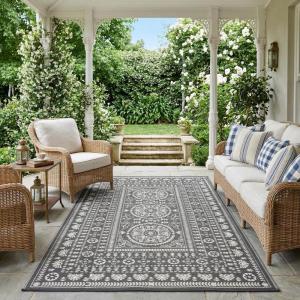 Garvee Reversible Outdoor Rug 9×12 for Patio, Waterproof Outdoor Area Rug, Modern Medallion Indoor Outdoor Rugs, Plastic Straw Rug for RV, Camping, Deck, Vintage Grey(Grey & White)