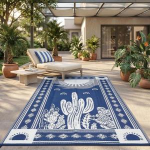 Garvee Reversible Outdoor Rug 9×12 for Patio, Waterproof Outdoor Area Rug, Modern Medallion Indoor Outdoor Rugs, Plastic Straw Rug for RV, Camping, Deck, Vintage Grey(Navy & White-cactus)