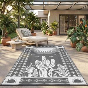 Garvee Reversible Outdoor Rug 9×12 for Patio, Waterproof Outdoor Area Rug, Modern Medallion Indoor Outdoor Rugs, Plastic Straw Rug for RV, Camping, Deck, Vintage Grey(Grey & White-cactus)
