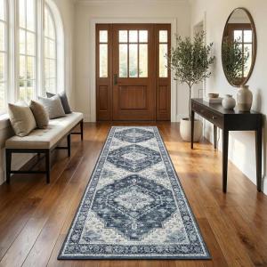 Garvee Sage Green 8×10 Area Rugs for Living Room, Boho Vintage Non-Slip Washable Rug Low Pile Stain Resistant Soft Foldable Large Carpet for Bedroom Dining Home Decor(Navy Blue)