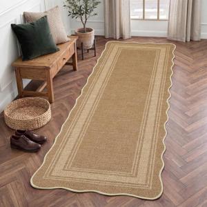 Garvee Scalloped 8×10 Easy Jute Carpet, Outdoor Patio Washable Area Rug Indoor Blue Living Room Rugs Modern Farmhouse Rug for Backyard Porch Non Slip Stain Resistant Floor Rugs for Dining Room Bedroom(Easy Jute Bordered|light Brown)