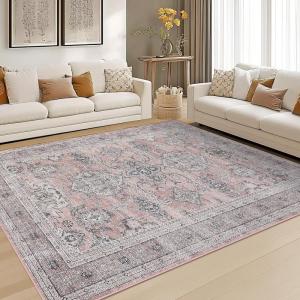 Garvee Washable Area Rug 5×7 Oriental Medallion Throw Carpet, Non Slip Non Shedding Boho Accent Rug, Easy Cleaning Vintage Printed Indoor Carpet for Bedroom, Living Room, Office, Black(Cape|pink)