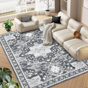 Garvee Washable Area Rug 5×7 Oriental Medallion Throw Carpet, Non Slip Non Shedding Boho Accent Rug, Easy Cleaning Vintage Printed Indoor Carpet for Bedroom, Living Room, Office, Black(Bloom|black)