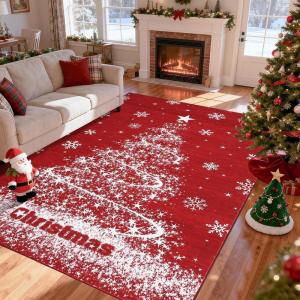 Garvee Washable Area Rug 6×9 Scalloped Rugs for Living Room Nursery Solid Carpet 6×9 Area Rugs for Bedroom Dining Room Non-Slip Stain Resistant Under Table Rug Beige(Red-christmas Tree)