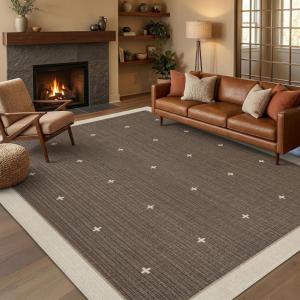 Garvee Washable Jute Color Rugs for Bedroom Grils, 5×7 Living Room Rug Non Slip Playroom Rug Soft Non Shedding Bedroom Rugs Low Pile Stain Resistant Carpet for Nursery Dining Room, Jute Color(Cross|dark Brown)