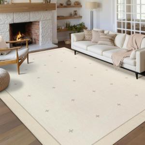 Garvee Washable Jute Color Rugs for Bedroom Grils, 5×7 Living Room Rug Non Slip Playroom Rug Soft Non Shedding Bedroom Rugs Low Pile Stain Resistant Carpet for Nursery Dining Room, Jute Color(Cross|beige)