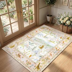 Washable Area Rug 5×7 Green Animal Print Rugs for Nursery Non Slip Stain Resistant Forest Fairy Tale Throw Carpet Low Pile Whimsical Safari Area Rugs for Entryway Girls Bedroom Dining Room, Green(Blush Pink/Peach Blush)