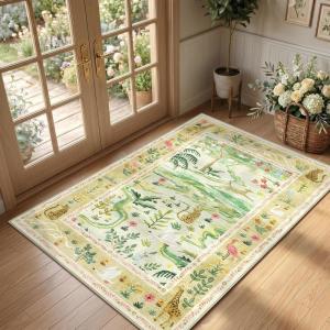 Washable Area Rug 5×7 Green Animal Print Rugs for Nursery Non Slip Stain Resistant Forest Fairy Tale Throw Carpet Low Pile Whimsical Safari Area Rugs for Entryway Girls Bedroom Dining Room, Green(Sage Green/Olive Green)
