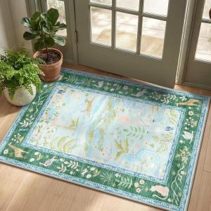 Washable Area Rug 5×7 Green Animal Print Rugs for Nursery Non Slip Stain Resistant Forest Fairy Tale Throw Carpet Low Pile Whimsical Safari Area Rugs for Entryway Girls Bedroom Dining Room, Green(Soft Teal/Mint Blue)