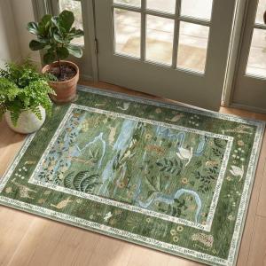 Washable Area Rug 5×7 Green Animal Print Rugs for Nursery Non Slip Stain Resistant Forest Fairy Tale Throw Carpet Low Pile Whimsical Safari Area Rugs for Entryway Girls Bedroom Dining Room, Green(Forest Green/Emerald)