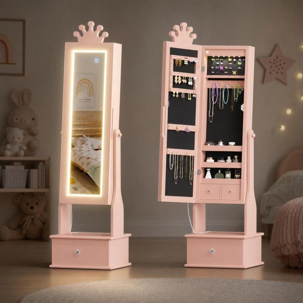 image:imageGarvee Kids Jewelry Armoire with Full Length Mirror LED Lights Adjustable Angle Lockable Jewelry Cabinet for Girls Standing Organizer Gift for GirlsPinkLight Pink With Led