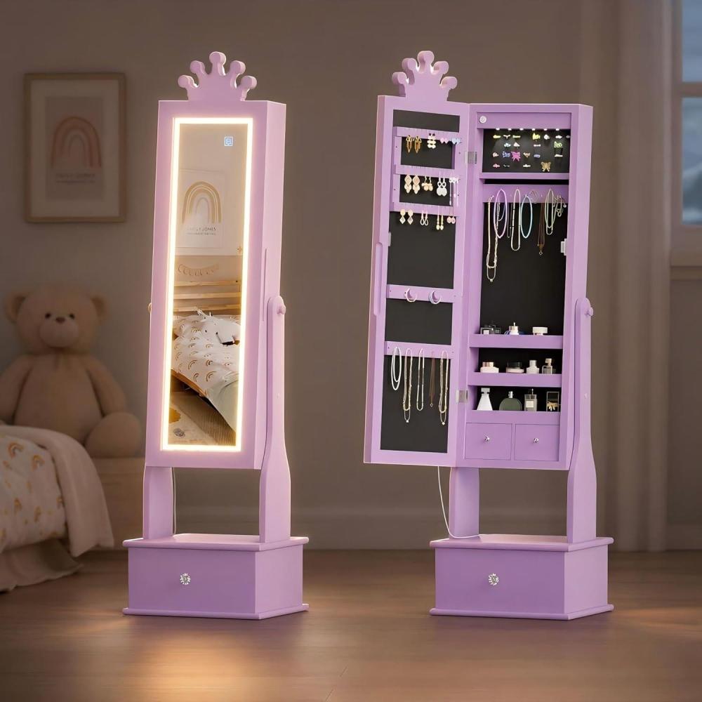 image:imageGarvee Kids Jewelry Armoire with Full Length Mirror LED Lights Adjustable Angle Lockable Jewelry Cabinet for Girls Standing Organizer Gift for GirlsPinkPurple With Led