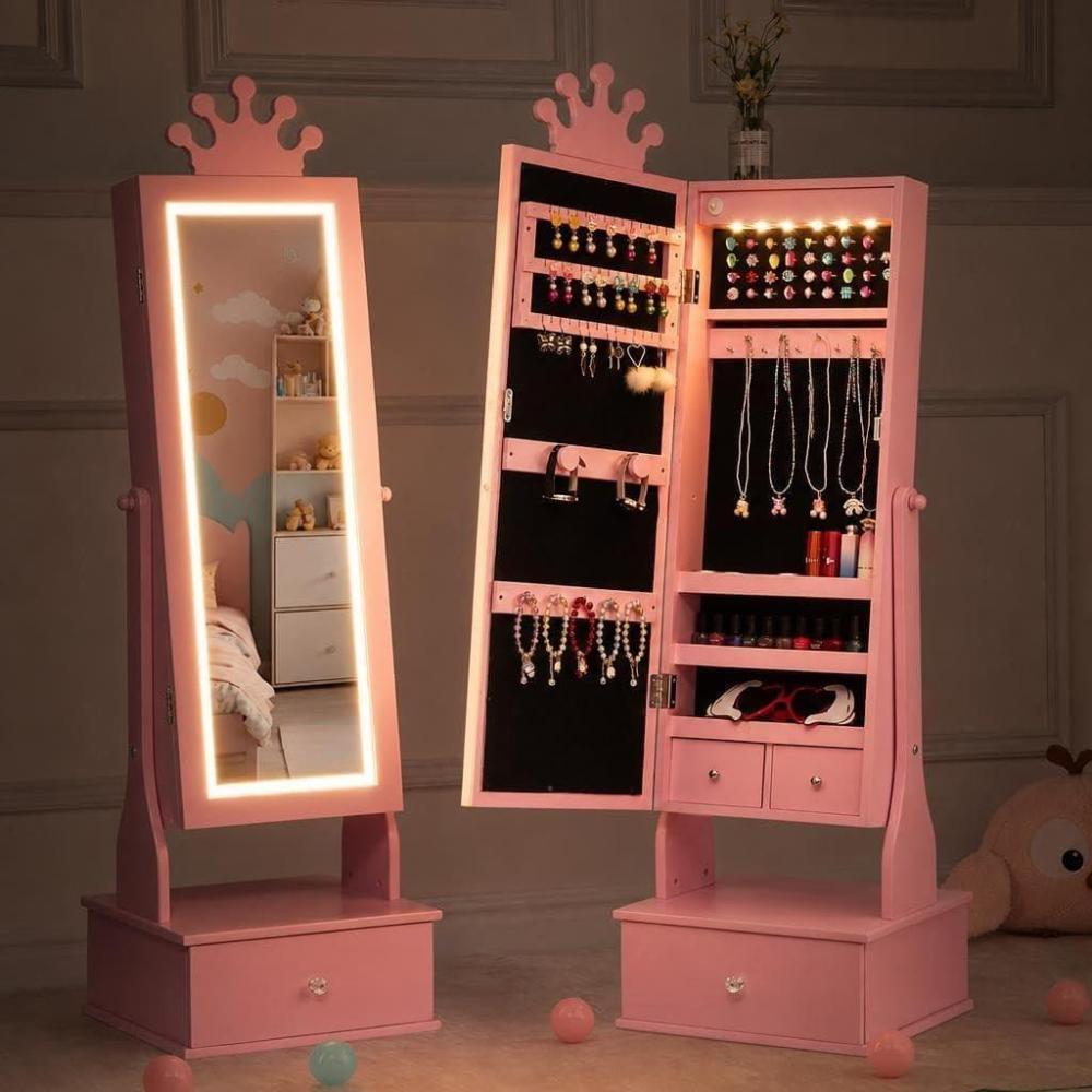 image:imageGarvee Kids Jewelry Armoire with Full Length Mirror LED Lights Adjustable Angle Lockable Jewelry Cabinet for Girls Standing Organizer Gift for GirlsPinkPink With LED
