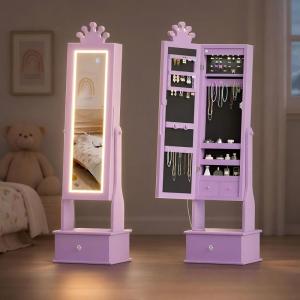 Garvee Kids Jewelry Armoire with Full Length Mirror, LED Lights, Adjustable Angle, Lockable Jewelry Cabinet for Girls, Standing Organizer, Gift for Girls,Pink(Purple With Led)