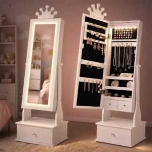 Garvee Kids Jewelry Armoire with Full Length Mirror, LED Lights, Adjustable Angle, Lockable Jewelry Cabinet for Girls, Standing Organizer, Gift for Girls,Pink(White With LED)