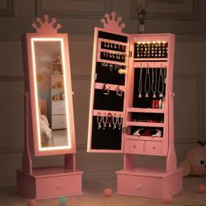 Garvee Kids Jewelry Armoire with Full Length Mirror, LED Lights, Adjustable Angle, Lockable Jewelry Cabinet for Girls, Standing Organizer, Gift for Girls,Pink(Pink With LED)