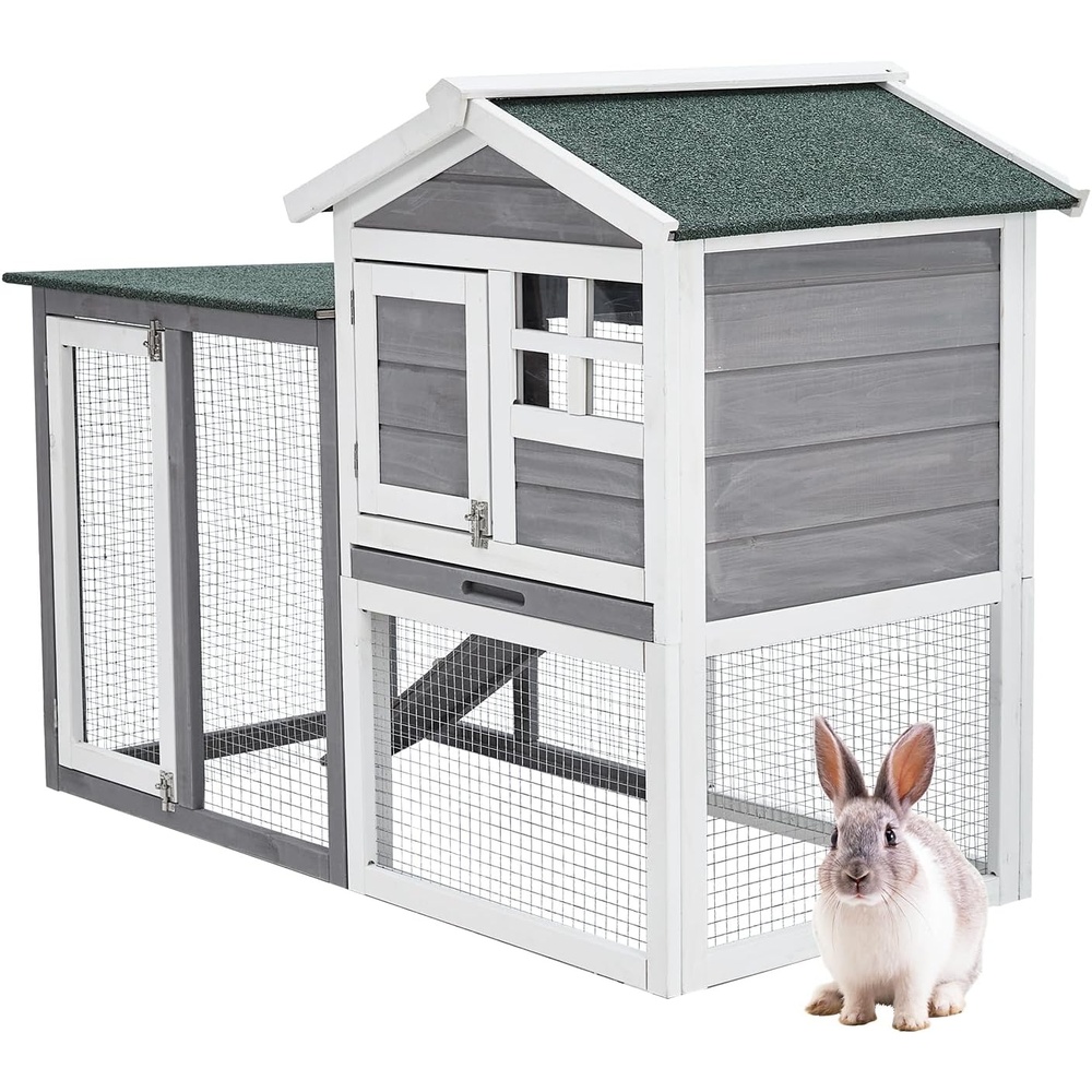 image:imageGarvee 63 in Bunny Hutch Indoor Bunny Cage with 3 LeakProof Removable Trays Wooden Waterproof Roof Rabbit Hutch IndoorOutdoor 2Tier Bunny HouseChicken Coop Gray and BlackGreen