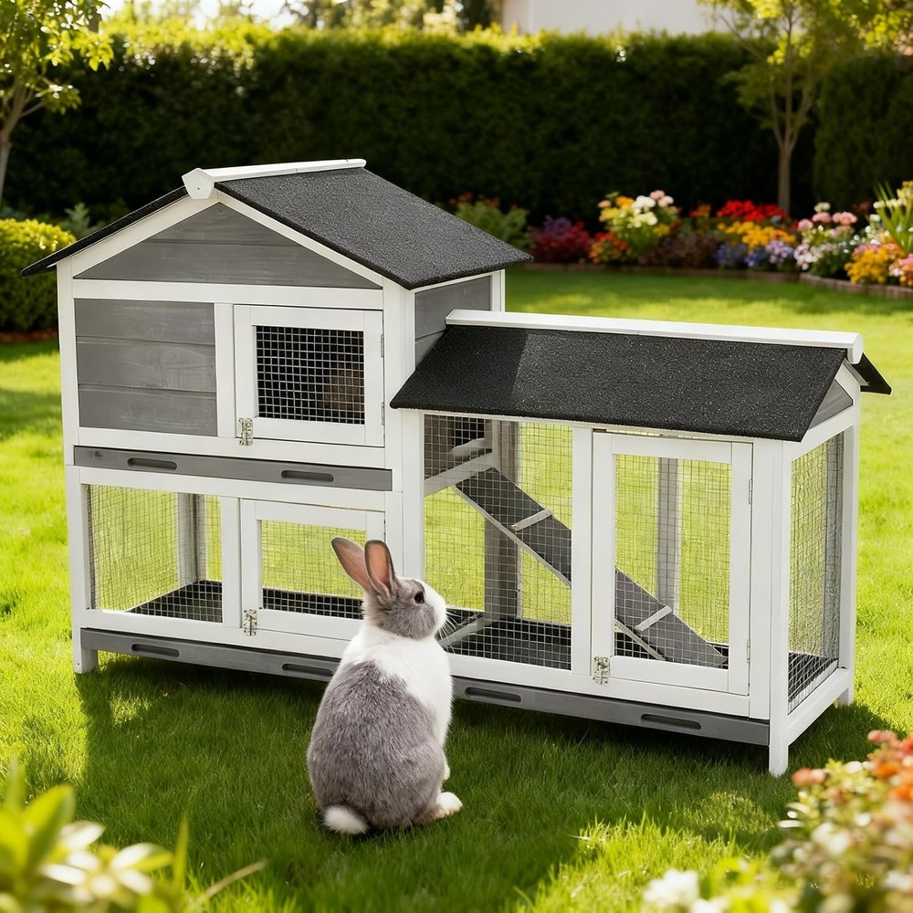 image:imageGarvee 63 in Bunny Hutch Indoor Bunny Cage with 3 LeakProof Removable Trays Wooden Waterproof Roof Rabbit Hutch IndoorOutdoor 2Tier Bunny HouseChicken Coop Gray and BlackBlack and Grey