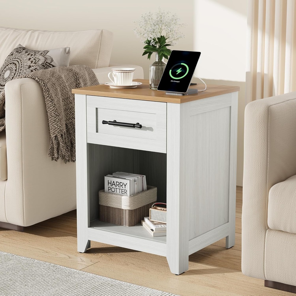 image:imageGarvee Farmhouse Nightstand Set of 2 with 2 Drawer and Open Compartment Side Table with Charging Station End Table with Storage Shelf for Bedroom Living Room Brown 2PCSWhiteoak