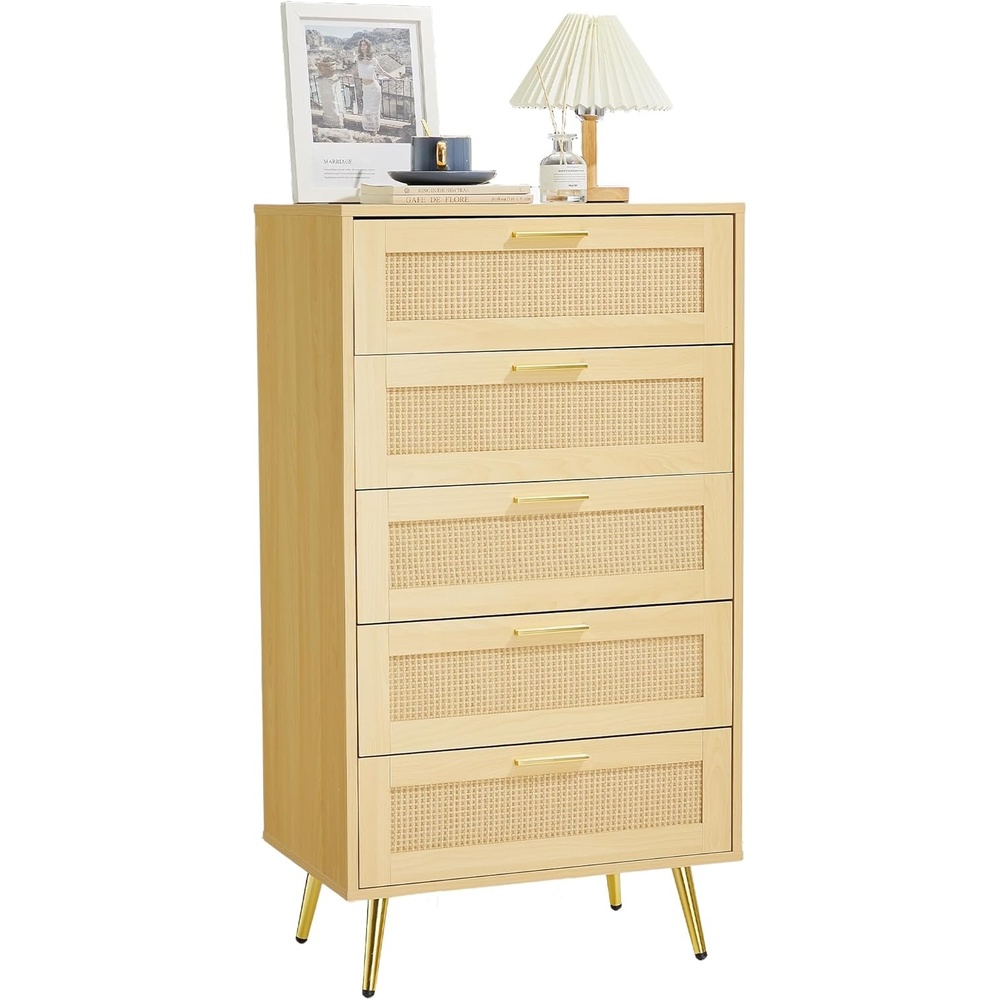 image:imageGarvee Modern Rattan 5Drawer Dresser with Metal Handles amp Splayed Legs  MDF Tall Chest of Drawers for Bedroom Entryway amp Living Room StorageWhiteNatural