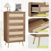 Garvee Modern Rattan 5-Drawer Dresser with Metal Handles & Splayed Legs – MDF Tall Chest of Drawers for Bedroom, Entryway & Living Room Storage-White(Dark Walnut)