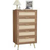 Garvee Modern Rattan 5-Drawer Dresser with Metal Handles & Splayed Legs – MDF Tall Chest of Drawers for Bedroom, Entryway & Living Room Storage-White(Dark Walnut)