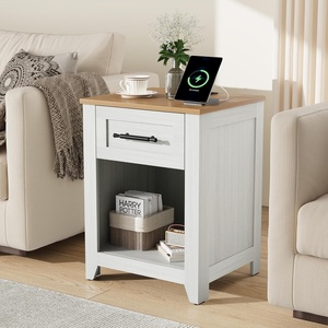 Garvee Farmhouse Nightstand Set of 2 with 2 Drawer and Open Compartment, Side Table with Charging Station, End Table with Storage Shelf for Bedroom, Living Room, Brown, 2PCS(White+oak)