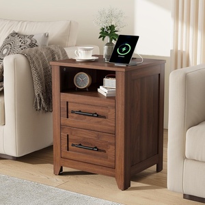 Garvee Farmhouse Nightstand Set of 2 with 2 Drawer and Open Compartment, Side Table with Charging Station, End Table with Storage Shelf for Bedroom, Living Room, Brown, 2PCS(Brown)