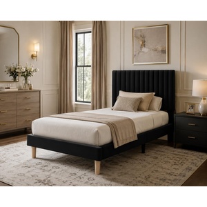 Garvee King Size Velvet Bed Frame, Vertical Channel Tufted Headboard, Height Adjustable, Upholstered Platform Bed, No Box Spring Needed, Light Grey(Black)