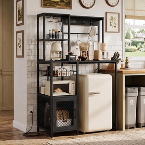 Garvee Kitchen Bakers Rack with Refrigerator Storage Space, Industrial Microwave Stand with Power Outlet, Freestanding Kitchen Shelf for Pantry Living Room, 33.9 x 19.7 x 58.1 Inches, Black(Black)