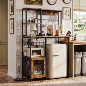 Garvee Kitchen Bakers Rack with Refrigerator Storage Space, Industrial Microwave Stand with Power Outlet, Freestanding Kitchen Shelf for Pantry Living Room, 33.9 x 19.7 x 58.1 Inches, Black(Brown)