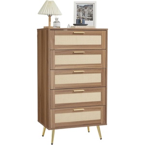 Garvee Modern Rattan 5-Drawer Dresser with Metal Handles & Splayed Legs – MDF Tall Chest of Drawers for Bedroom, Entryway & Living Room Storage-White(Dark Walnut)