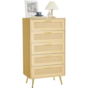 Garvee Modern Rattan 5-Drawer Dresser with Metal Handles & Splayed Legs – MDF Tall Chest of Drawers for Bedroom, Entryway & Living Room Storage-White(Natural)