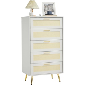 Garvee Modern Rattan 5-Drawer Dresser with Metal Handles & Splayed Legs – MDF Tall Chest of Drawers for Bedroom, Entryway & Living Room Storage-White(White)