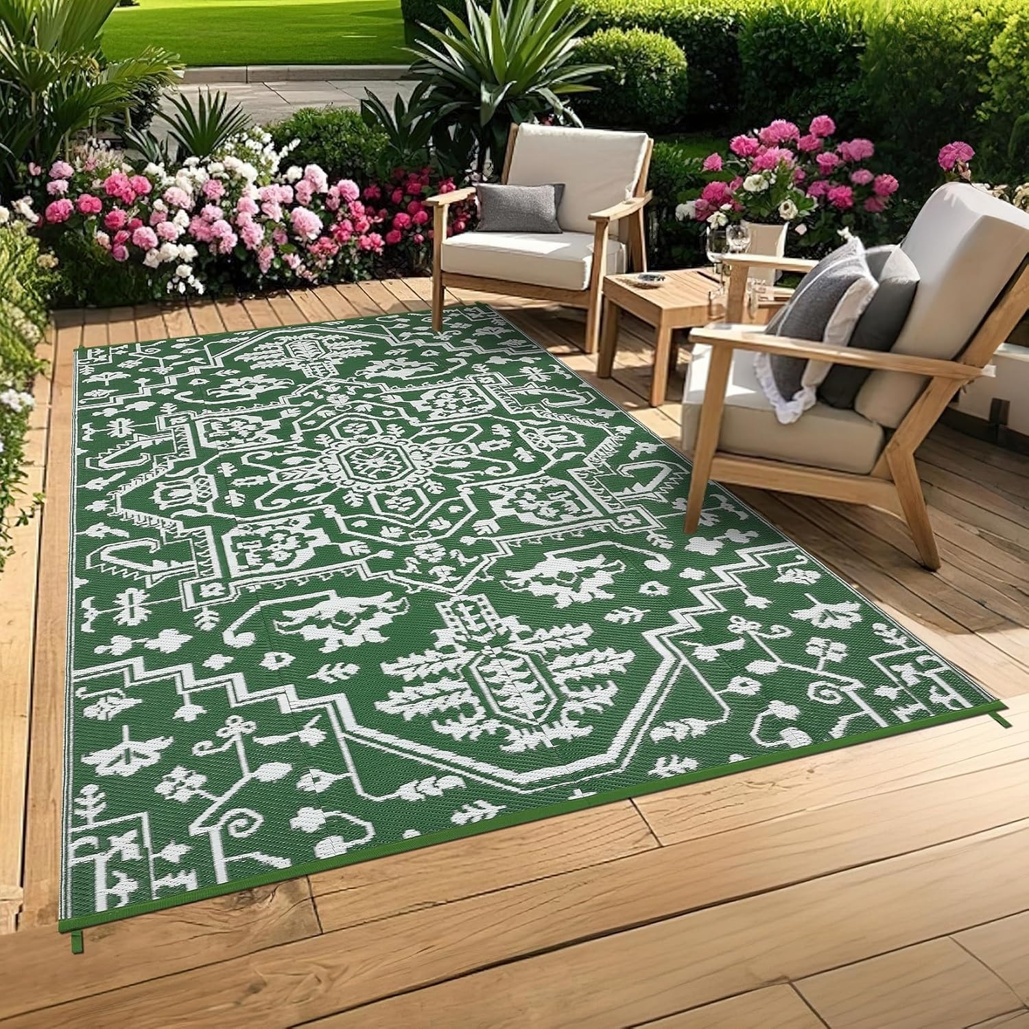 image:imageGarvee Outdoor Rug 8x10 Vintage Medallion Outdoor Rug Waterproof Patio Rugs Plastic Carpet RV Mat Carpet for Patio Outside Entry Backyard Deck Bench Picnic CamperBlueGreyBoho  GreenWhite