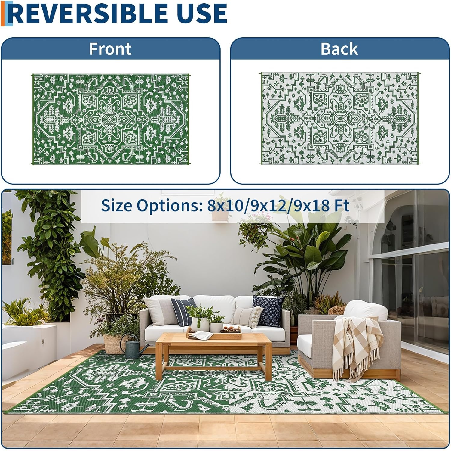 image:imageGarvee Outdoor Rug 8x10 Vintage Medallion Outdoor Rug Waterproof Patio Rugs Plastic Carpet RV Mat Carpet for Patio Outside Entry Backyard Deck Bench Picnic CamperBlueGreyBoho  GreenWhite