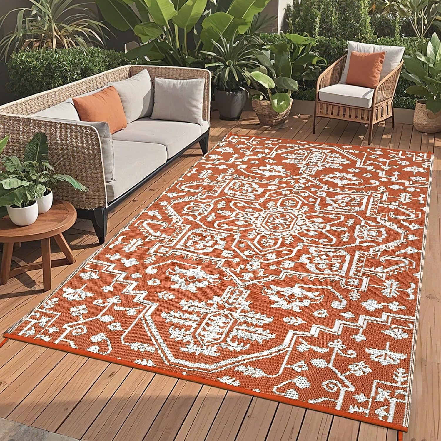image:imageGarvee Outdoor Rug 8x10 Vintage Medallion Outdoor Rug Waterproof Patio Rugs Plastic Carpet RV Mat Carpet for Patio Outside Entry Backyard Deck Bench Picnic CamperBlueGreyBrick RedWhite