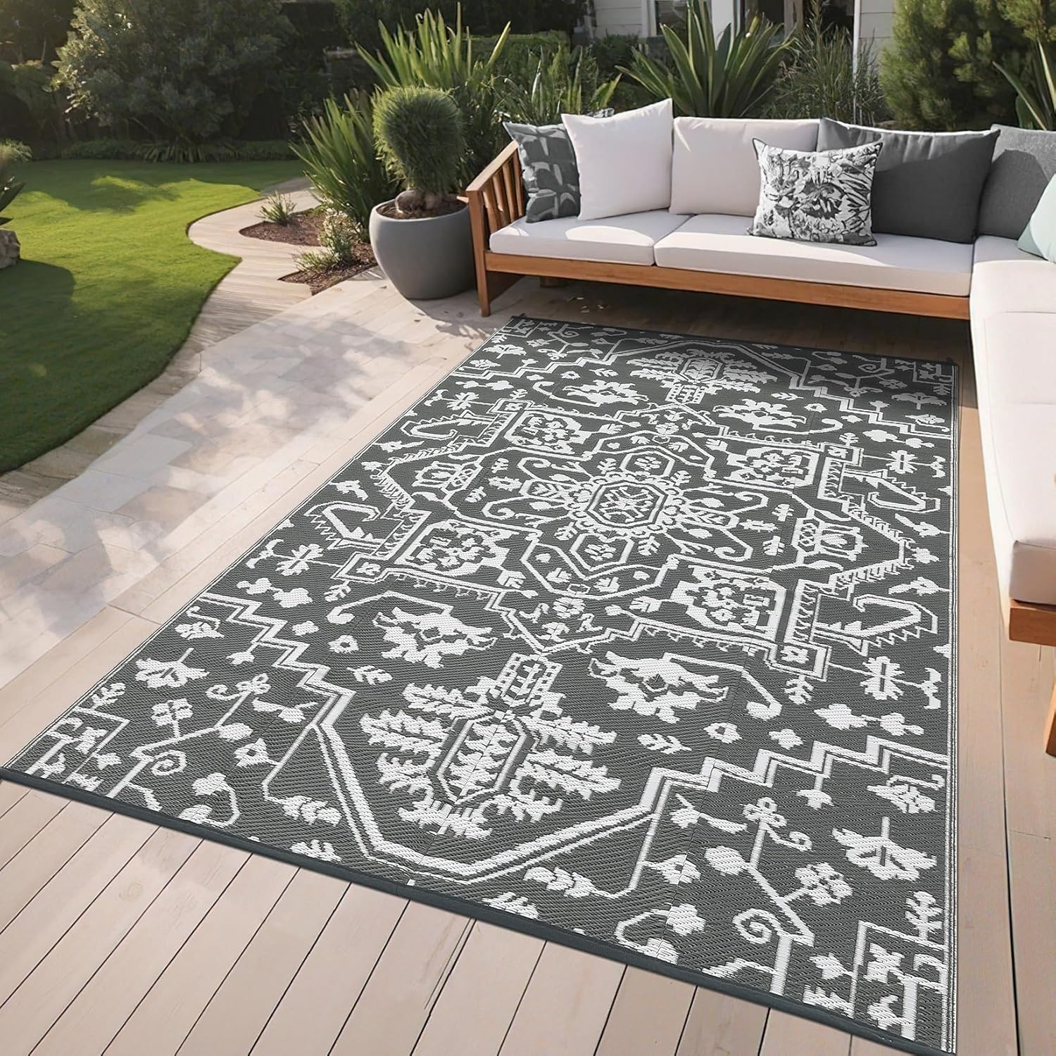 image:imageGarvee Outdoor Rug 8x10 Vintage Medallion Outdoor Rug Waterproof Patio Rugs Plastic Carpet RV Mat Carpet for Patio Outside Entry Backyard Deck Bench Picnic CamperBlueGreyGreyWhite
