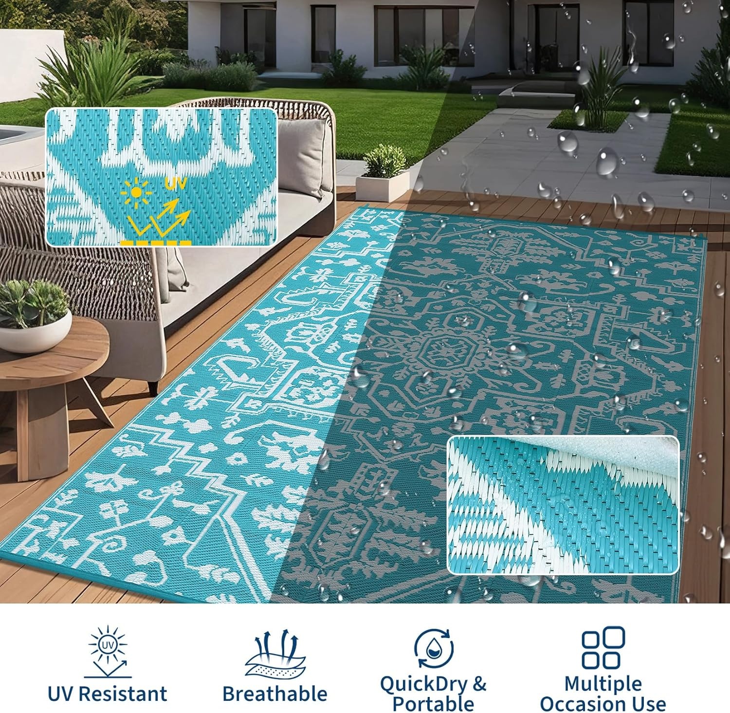 image:imageGarvee Outdoor Rug 8x10 Vintage Medallion Outdoor Rug Waterproof Patio Rugs Plastic Carpet RV Mat Carpet for Patio Outside Entry Backyard Deck Bench Picnic CamperBlueGreyBoho  Light BlueWhite