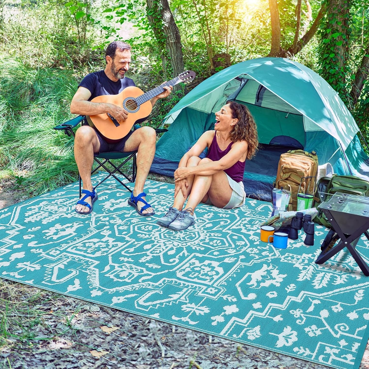 image:imageGarvee Outdoor Rug 8x10 Vintage Medallion Outdoor Rug Waterproof Patio Rugs Plastic Carpet RV Mat Carpet for Patio Outside Entry Backyard Deck Bench Picnic CamperBlueGreyBoho  Light BlueWhite
