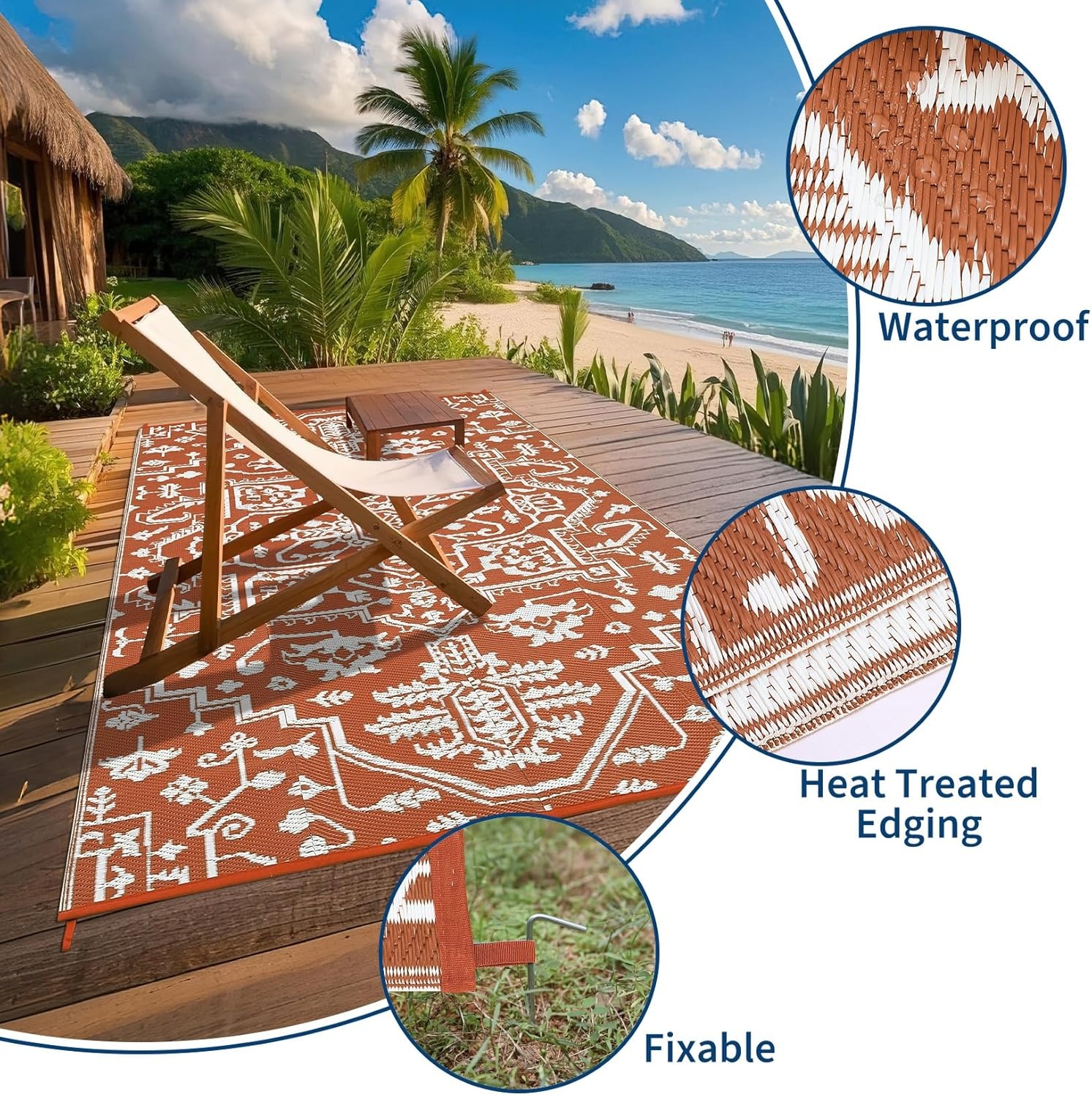 image:imageGarvee Outdoor Rug 8x10 Vintage Medallion Outdoor Rug Waterproof Patio Rugs Plastic Carpet RV Mat Carpet for Patio Outside Entry Backyard Deck Bench Picnic CamperBlueGreyBrick RedWhite
