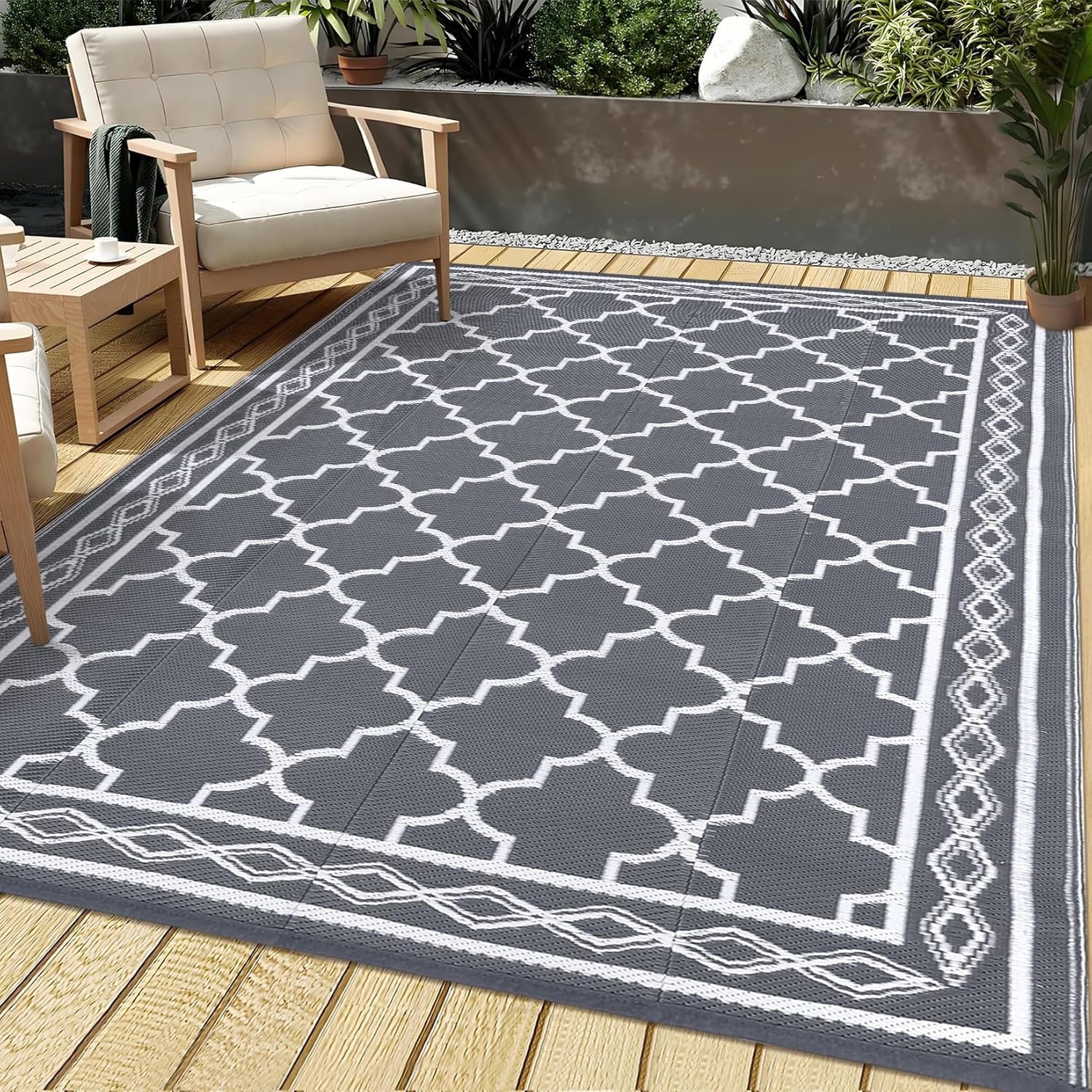 image:imageGarvee Outdoor Rug 8x10 Vintage Medallion Outdoor Rug Waterproof Patio Rugs Plastic Carpet RV Mat Carpet for Patio Outside Entry Backyard Deck Bench Picnic CamperBlueGreyGreyWhite