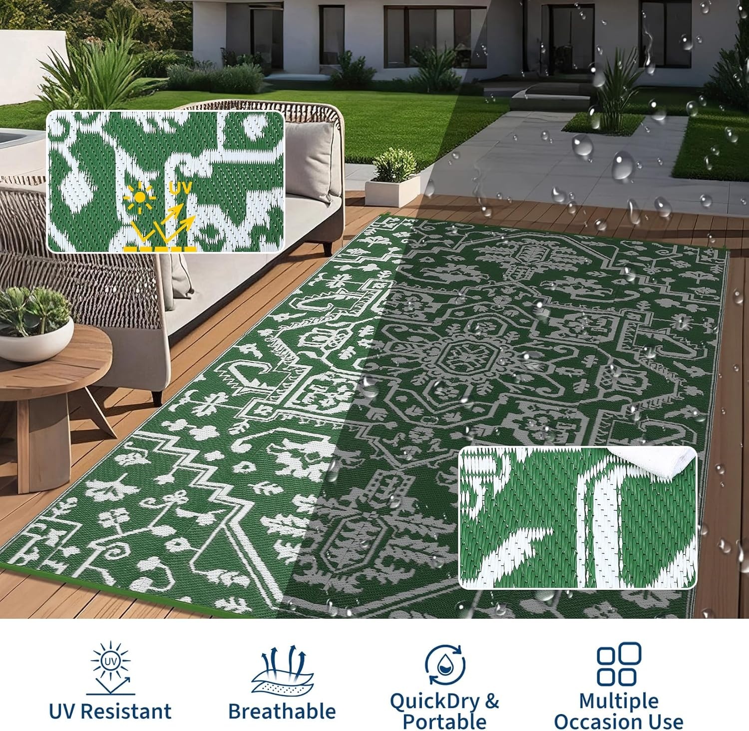 image:imageGarvee Outdoor Rug 8x10 Vintage Medallion Outdoor Rug Waterproof Patio Rugs Plastic Carpet RV Mat Carpet for Patio Outside Entry Backyard Deck Bench Picnic CamperBlueGreyBoho  GreenWhite