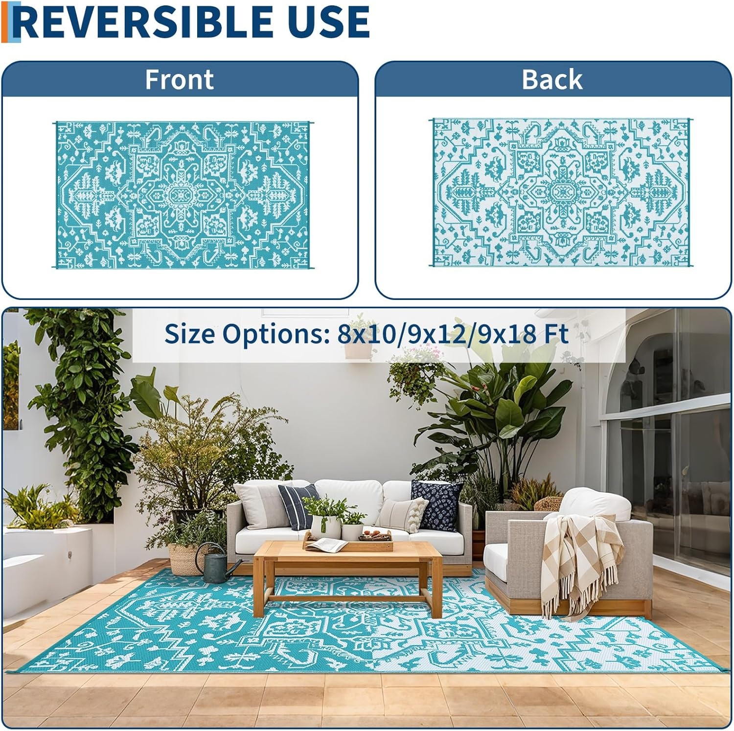 image:imageGarvee Outdoor Rug 8x10 Vintage Medallion Outdoor Rug Waterproof Patio Rugs Plastic Carpet RV Mat Carpet for Patio Outside Entry Backyard Deck Bench Picnic CamperBlueGreyBoho  Light BlueWhite