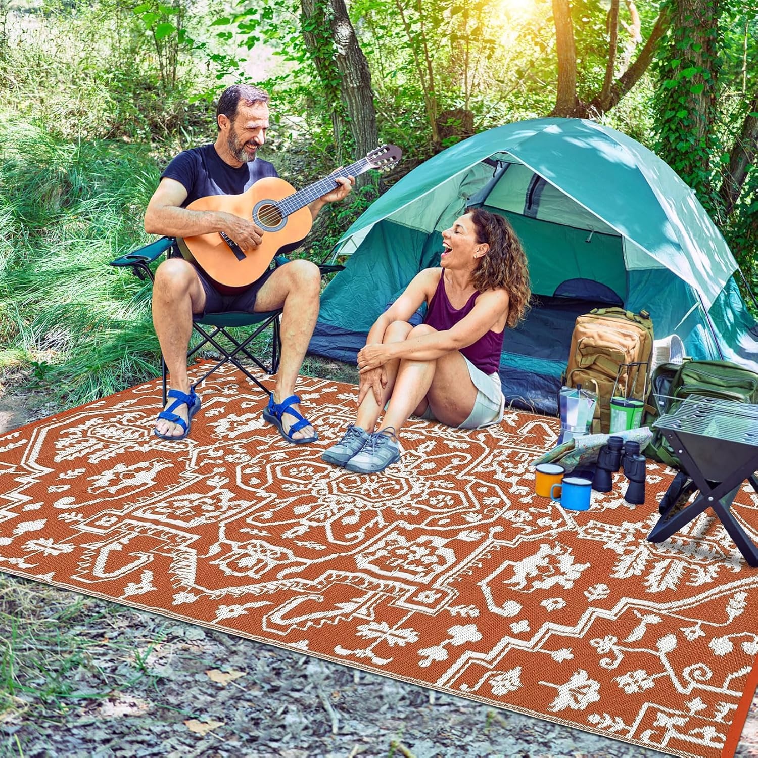 image:imageGarvee Outdoor Rug 8x10 Vintage Medallion Outdoor Rug Waterproof Patio Rugs Plastic Carpet RV Mat Carpet for Patio Outside Entry Backyard Deck Bench Picnic CamperBlueGreyBrick Redwhite