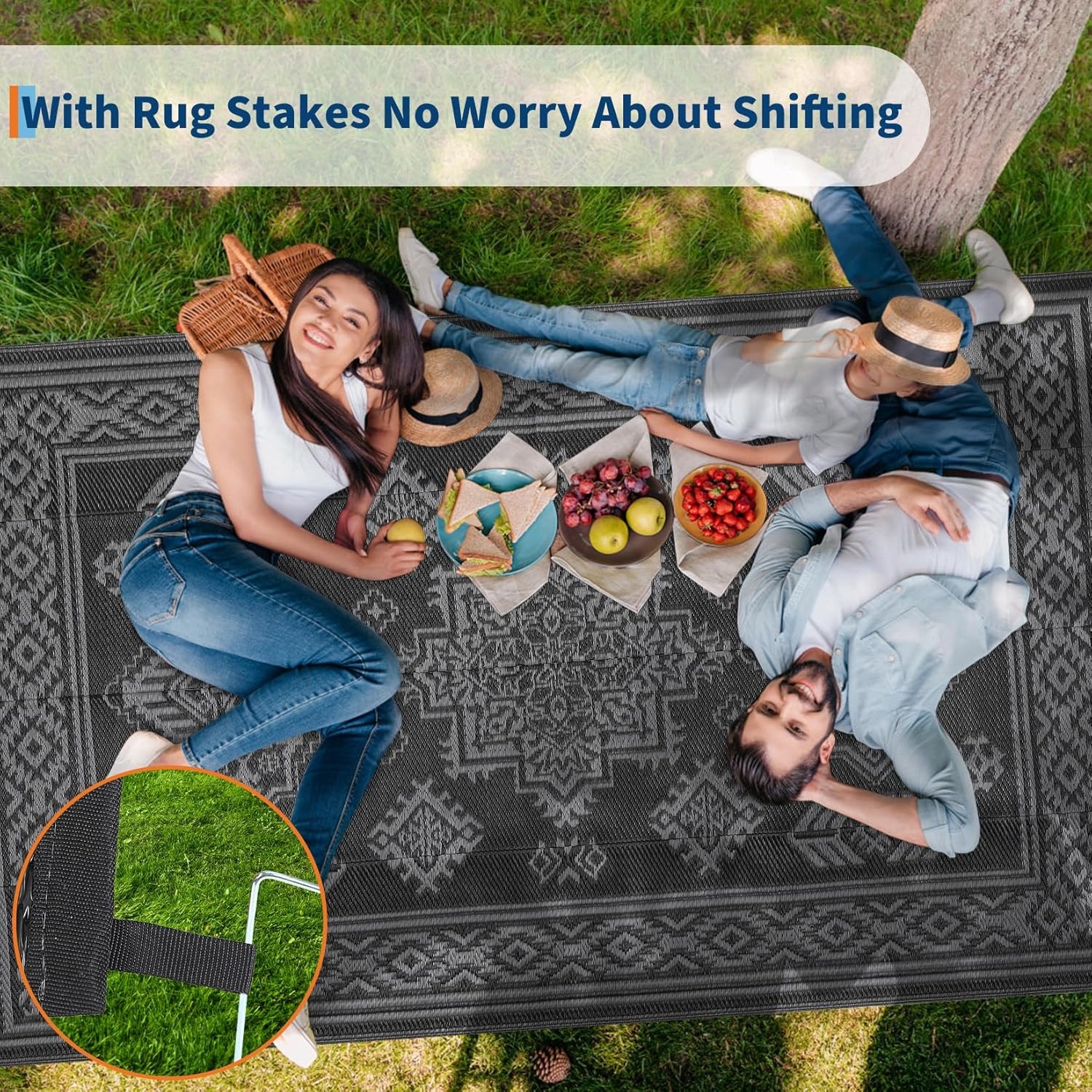 image:imageGarvee Outdoor Rug 8x10 Vintage Medallion Outdoor Rug Waterproof Patio Rugs Plastic Carpet RV Mat Carpet for Patio Outside Entry Backyard Deck Bench Picnic CamperBlueGreyMedallion  Black  Gray
