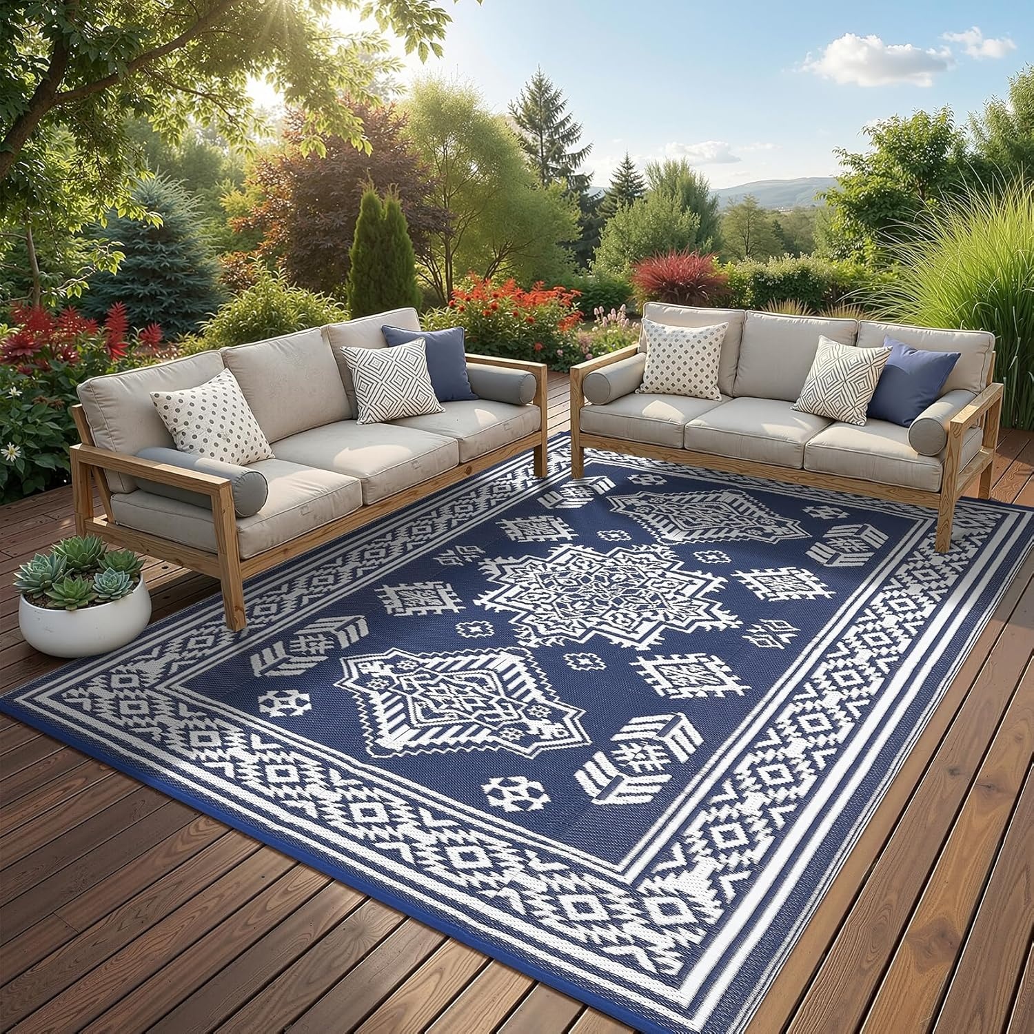 image:imageGarvee Outdoor Rug 8x10 Vintage Medallion Outdoor Rug Waterproof Patio Rugs Plastic Carpet RV Mat Carpet for Patio Outside Entry Backyard Deck Bench Picnic CamperBlueGreyMedallion  Navy Blue  White