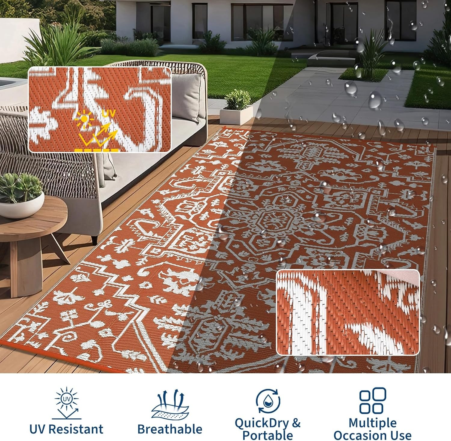 image:imageGarvee Outdoor Rug 8x10 Vintage Medallion Outdoor Rug Waterproof Patio Rugs Plastic Carpet RV Mat Carpet for Patio Outside Entry Backyard Deck Bench Picnic CamperBlueGreyBoho  Orange Red White