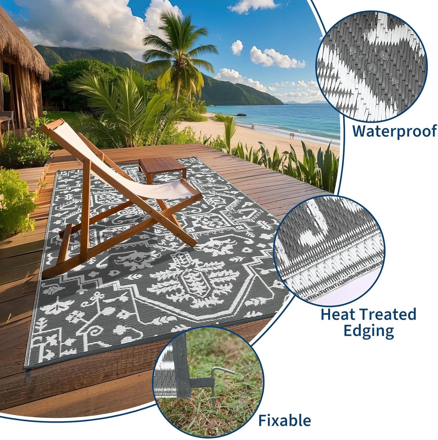 image:imageGarvee Outdoor Rug 8x10 Vintage Medallion Outdoor Rug Waterproof Patio Rugs Plastic Carpet RV Mat Carpet for Patio Outside Entry Backyard Deck Bench Picnic CamperBlueGreyGreyWhite